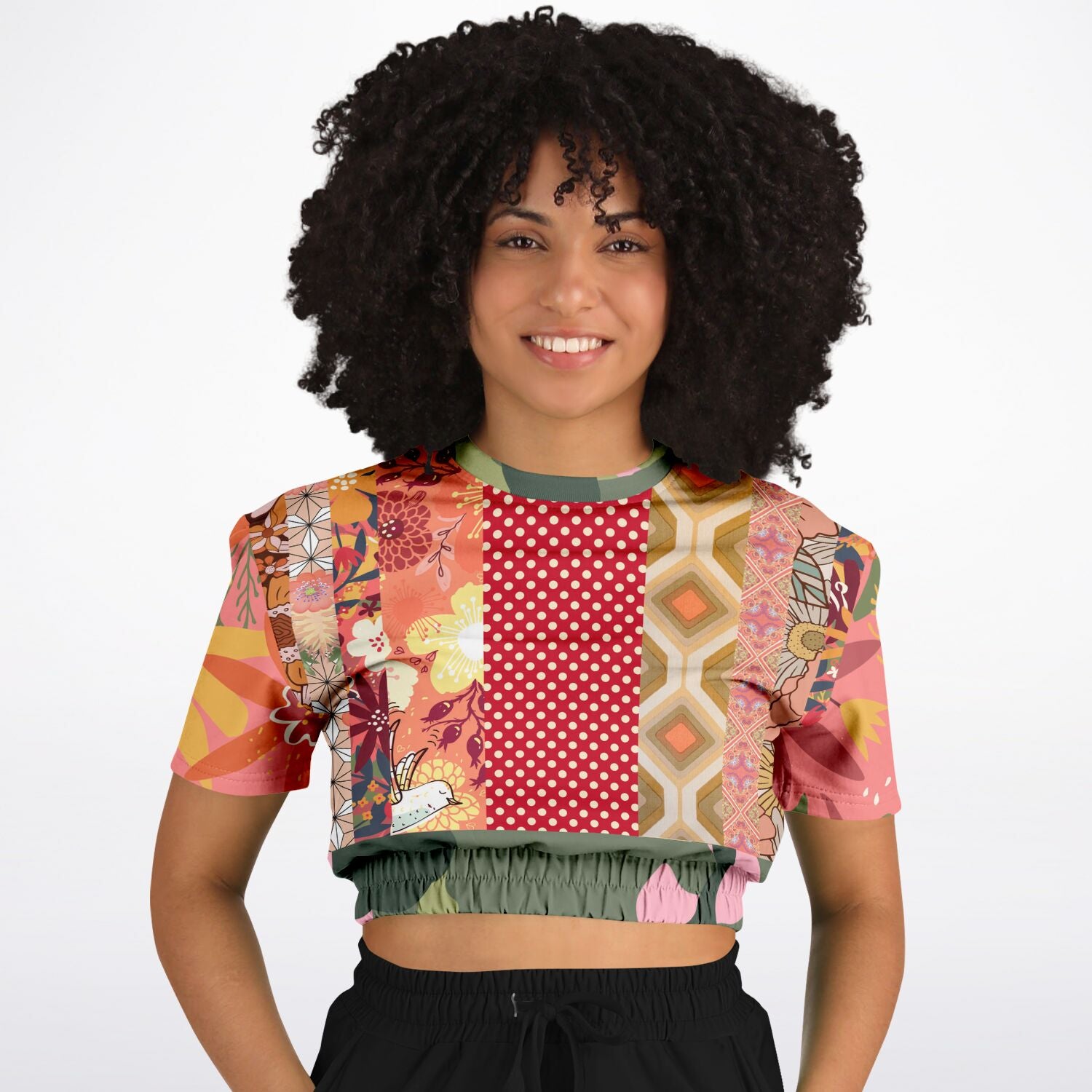 Yogananda Pink Floral Patchwork Short Sleeve Cropped Eco-Poly Sweater