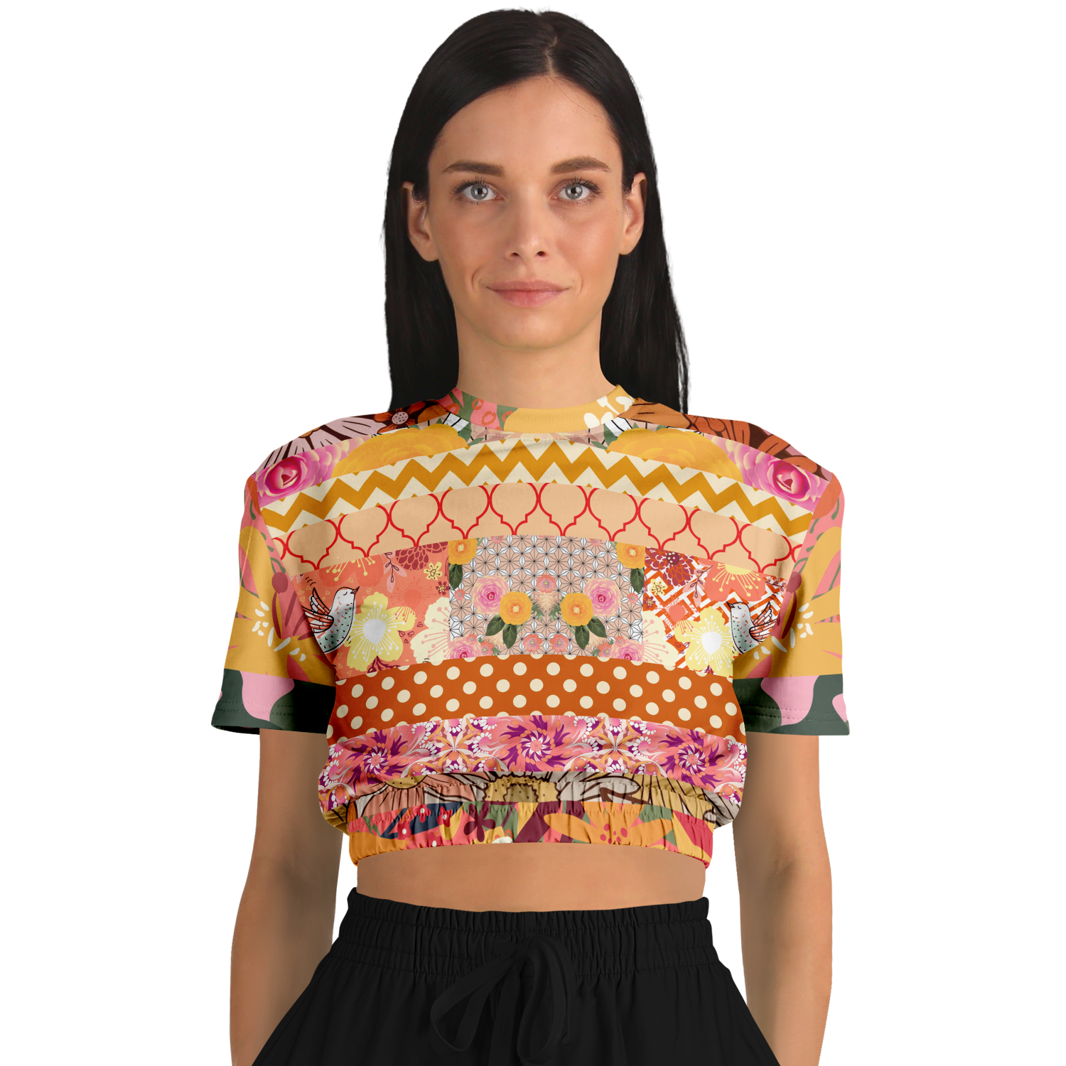 Yogananda Striped Floral Patchwork Short Sleeve Cropped Eco-Poly Sweater