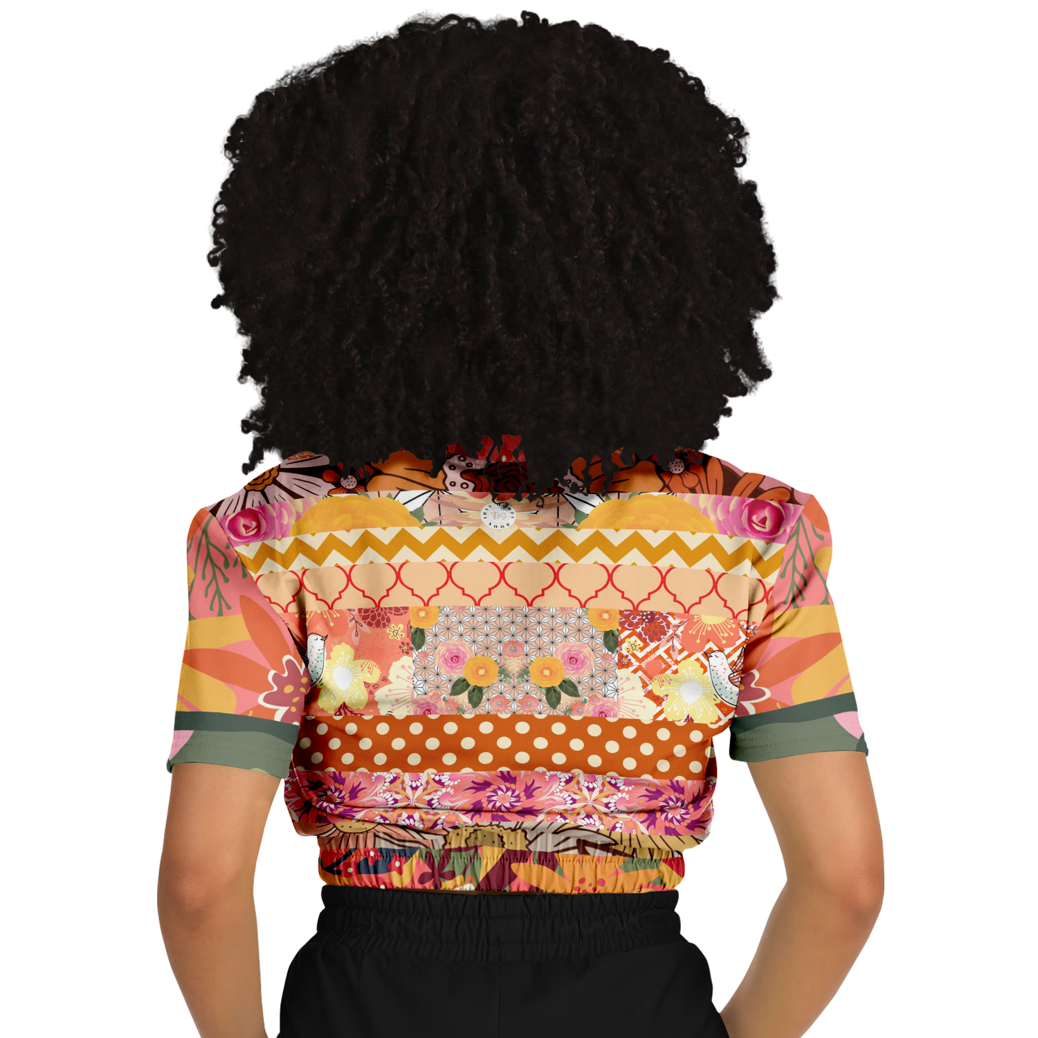 Yogananda Striped Floral Patchwork Short Sleeve Cropped Eco-Poly Sweater