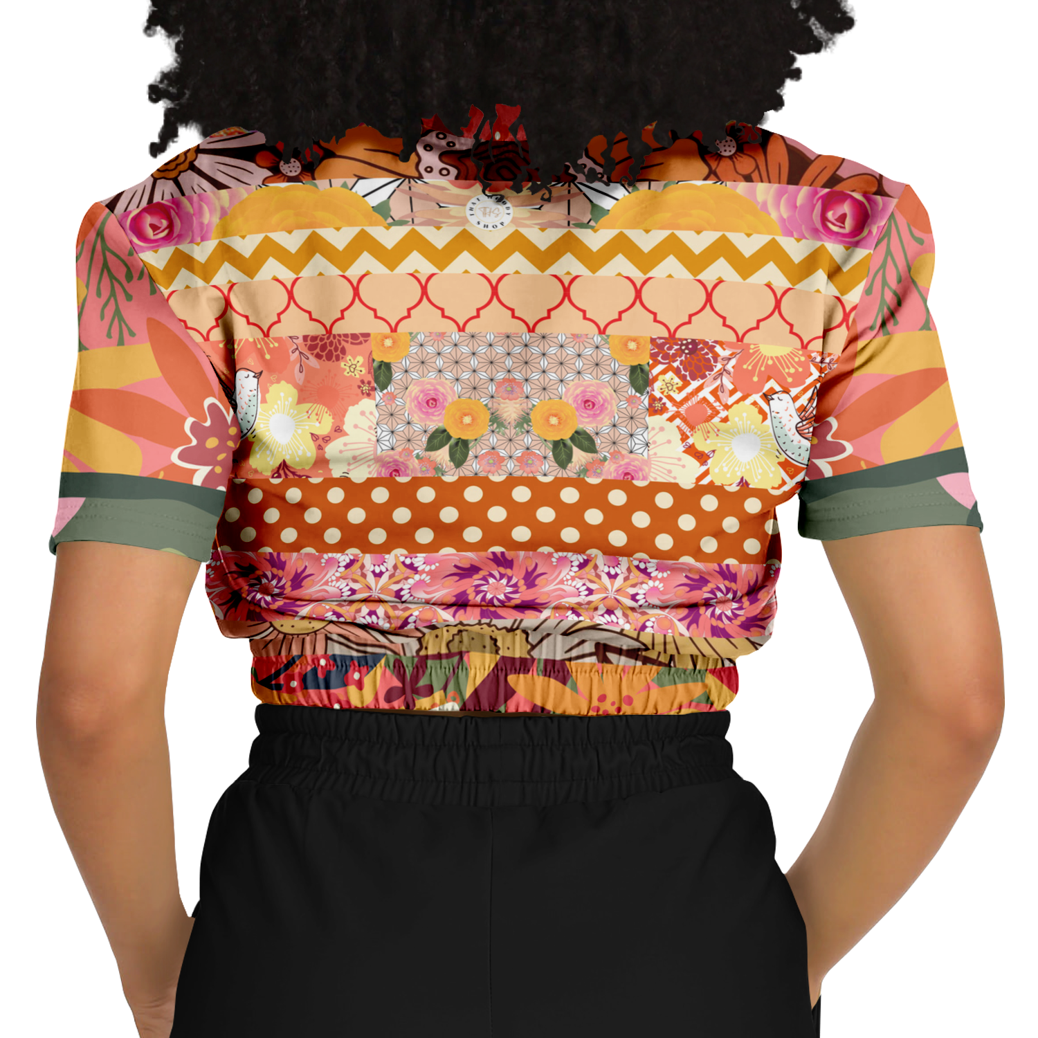 Yogananda Striped Floral Patchwork Short Sleeve Cropped Eco-Poly Sweater