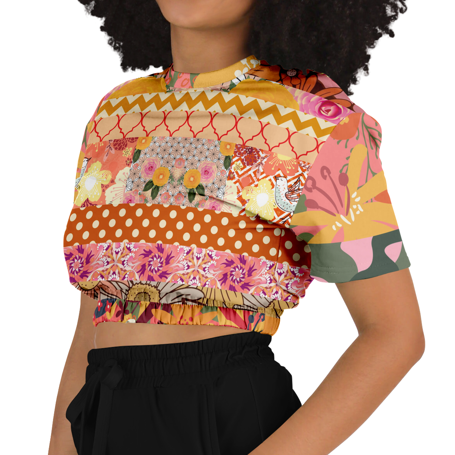 Yogananda Striped Floral Patchwork Short Sleeve Cropped Eco-Poly Sweater