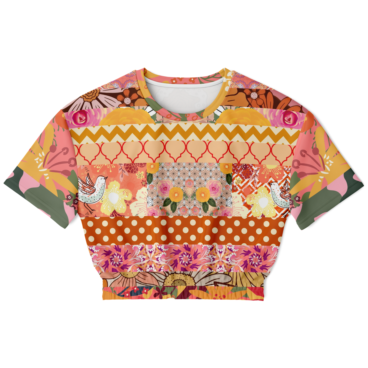 Yogananda Striped Floral Patchwork Short Sleeve Cropped Eco-Poly Sweater