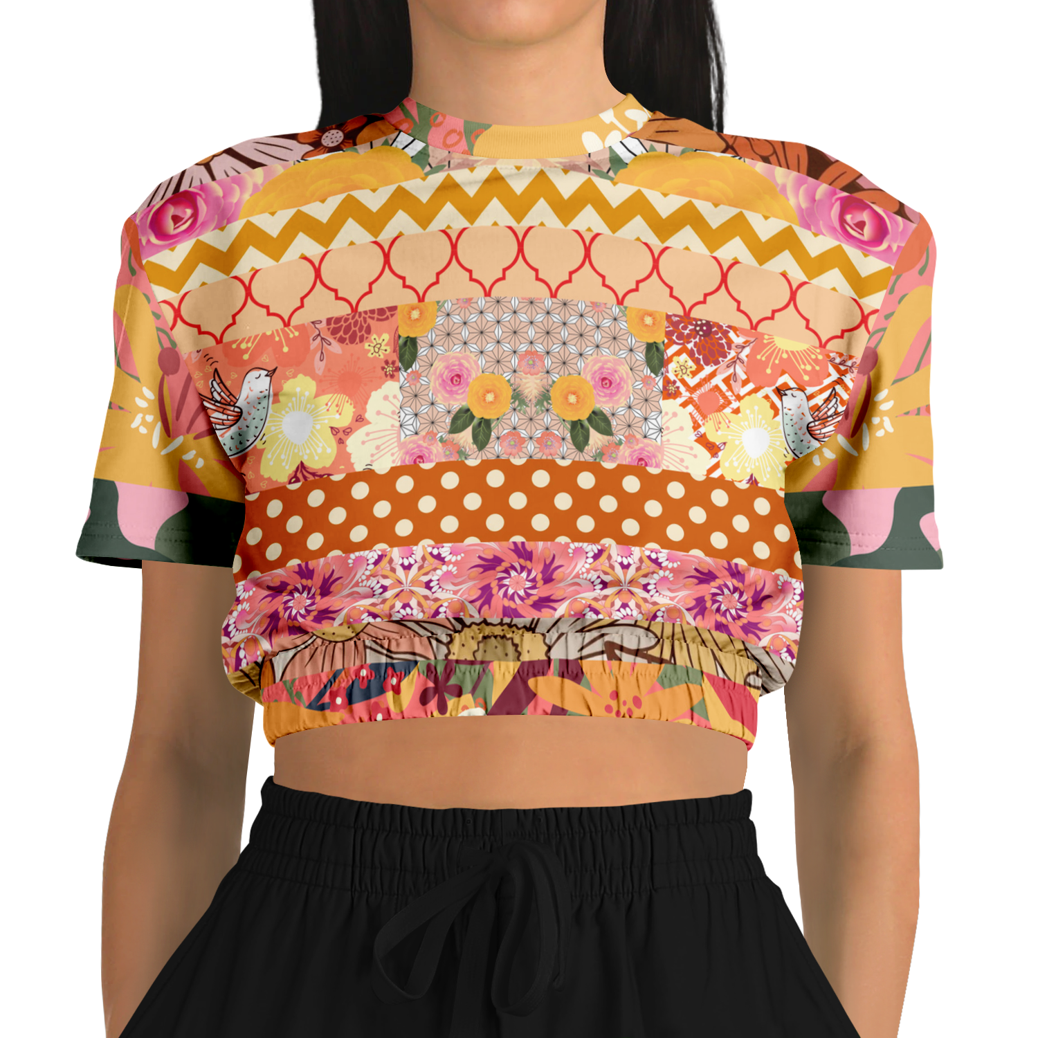 Yogananda Striped Floral Patchwork Short Sleeve Cropped Eco-Poly Sweater