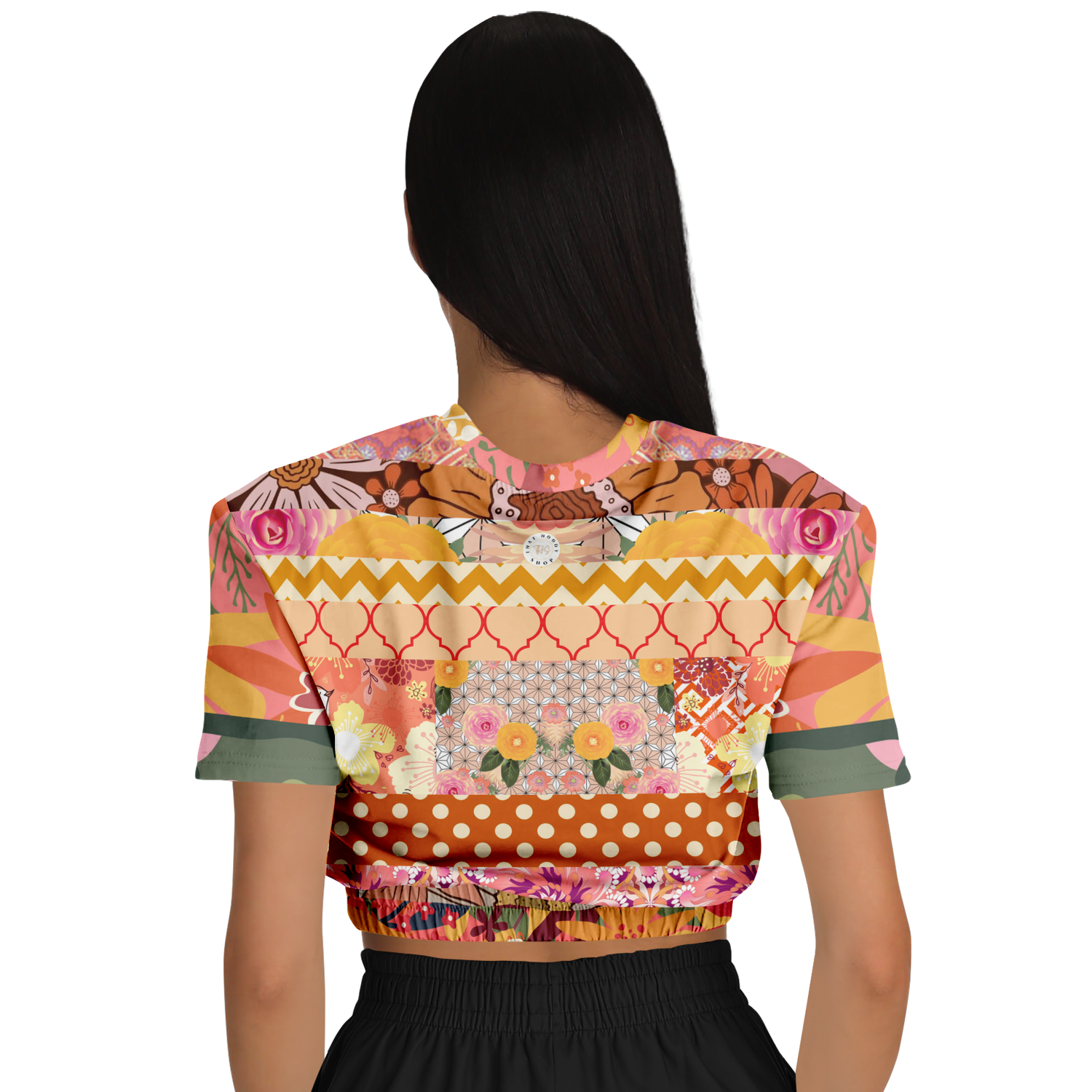 Yogananda Striped Floral Patchwork Short Sleeve Cropped Eco-Poly Sweater