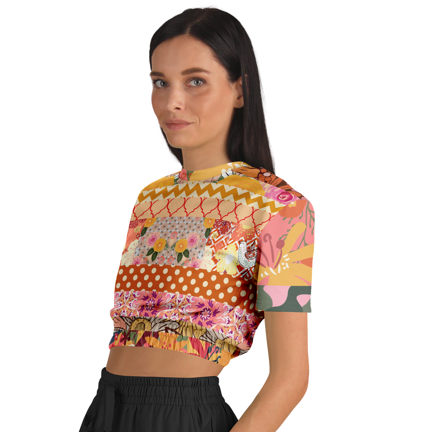 Yogananda Striped Floral Patchwork Short Sleeve Cropped Eco-Poly Sweater