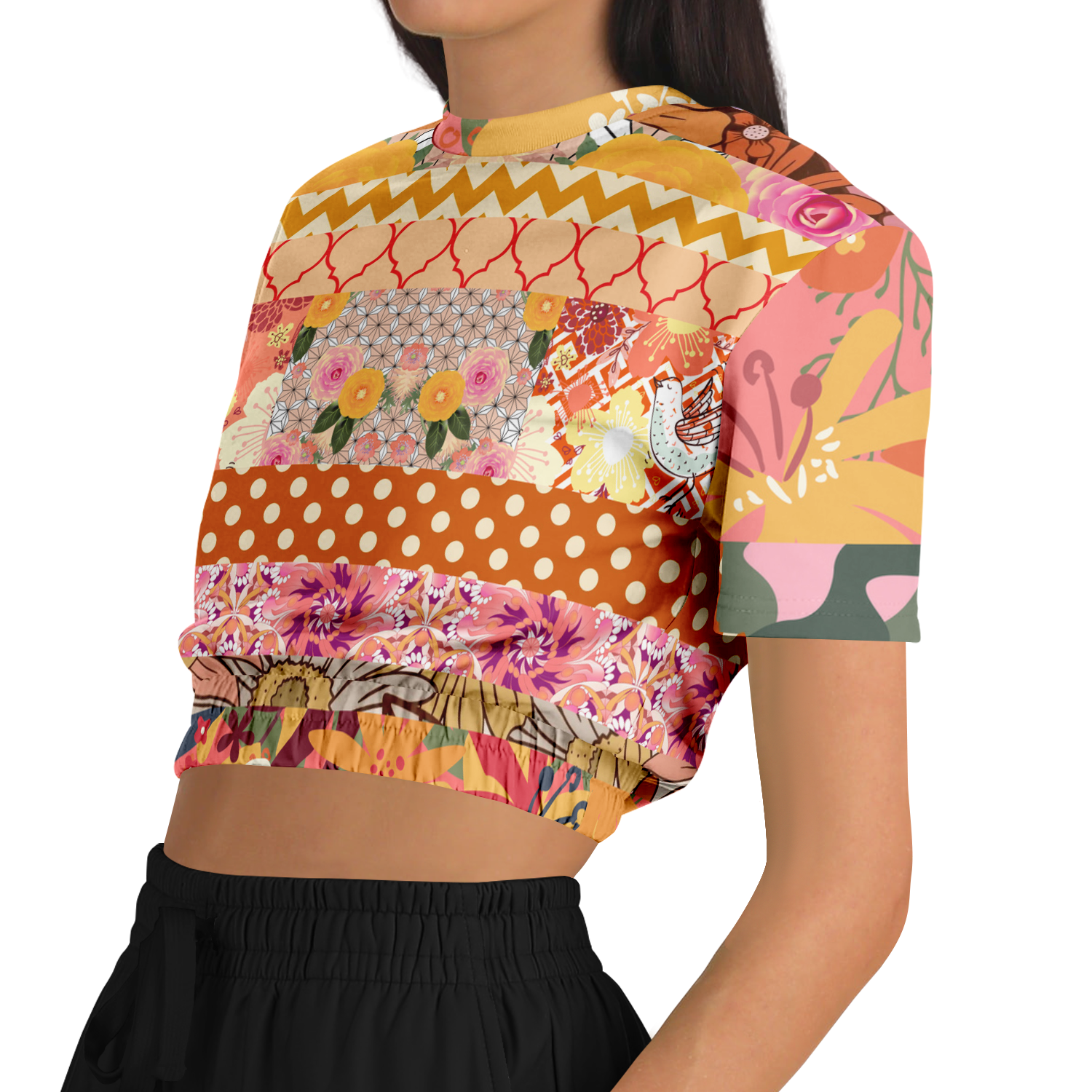 Yogananda Striped Floral Patchwork Short Sleeve Cropped Eco-Poly Sweater