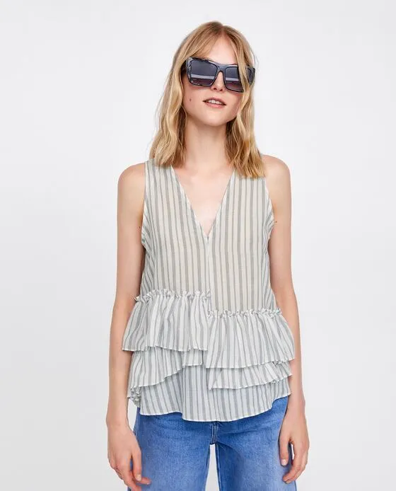 ZARA  |Short Stripes Sleeveless Cotton Elegant Style